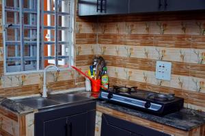 a kitchen counter with a sink and a stove at New Benin Home in Benin City
