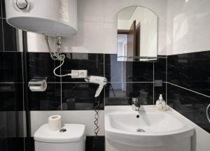 a bathroom with a sink and a toilet and a mirror at Panorama H2O Self Check-in Pool in Korosten