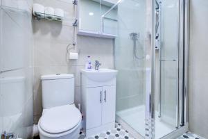 a bathroom with a toilet and a shower and a sink at London Brompton Residence Hotel in London +16 photos