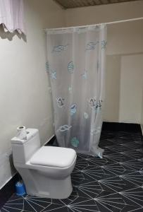 a bathroom with a toilet and a shower curtain at Demba Dou Suites Gardens in Batukunku