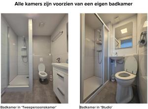 two pictures of a bathroom with a toilet and a shower at Bordine Guesthouse in Leeuwarden
