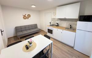a kitchen and living room with a table and a couch at Apartmány Veselka in Oslnovice