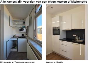 two pictures of a kitchen with white cabinets and a sink at Bordine Guesthouse in Leeuwarden