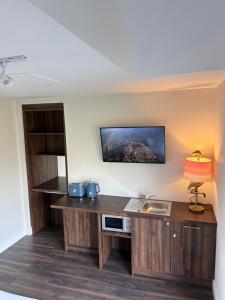 a room with a desk with a sink and a tv at Dingle Lispole Garden Suite 6 in Lispole