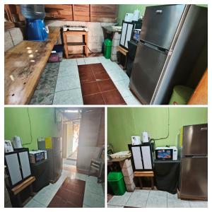 two pictures of a kitchen with a refrigerator and a room at Casas de Qlí in Santiago Atitlán