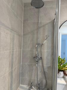 a shower with a shower head in a bathroom at The Teign Rooms in Teignmouth +32 photos
