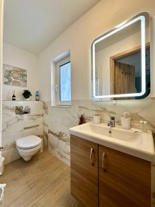 a bathroom with a sink and a toilet and a mirror at Sunny Private Beach in Balatonlelle +22 photos