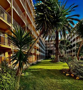 an apartment building with palm trees in front of it at Apartamento Paradis Playa in La Pineda