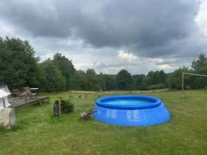 a blue tub in the grass in a field at Glamping Návary s bazénem in Návary