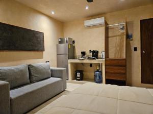 a living room with a couch and a refrigerator at MID-498 Centro in Mérida