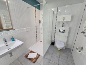 a white bathroom with a shower and a toilet at Apartamenty Aquarius - Latarnik in Gdynia