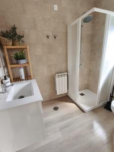 a white bathroom with a shower and a sink at La Fuentona in Celorio +11 photos