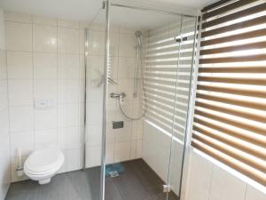 a bathroom with a toilet and a glass shower at Ferienhaus in Parchim mit Terrasse in Parchim +10 photos
