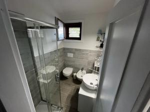 a bathroom with a shower and a toilet and a sink at Casa Vacanza con Piscina e Accesso diretto al Mare in Santa Marinella +23 photos