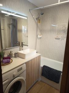 a bathroom with a sink and a washing machine at Apartamentos Demar Luis Casais in O Grove