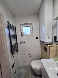 a bathroom with a toilet and a sink and a window at Kameralne Kładno in Łopienica +63 photos