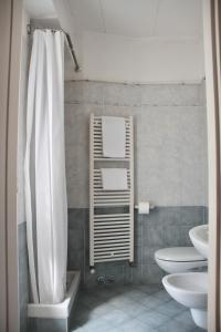 a bathroom with a shower and a toilet and a sink at Hotel Luina in Stresa