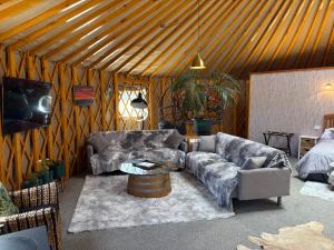 a living room with two couches and a table at Riverview Yurt in Tarras