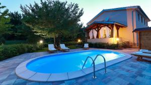 a swimming pool in front of a house at Apartments Sonja in Šilo