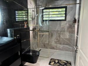 a bathroom with a shower with a toilet and a sink at Tycoon Luxury, SPA Privatif, Lit XXL, Cinema in Matoury +22 photos