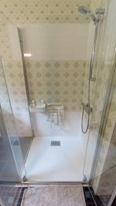 a bathroom with a shower with a stool in it at Les Collines de Compreignac in Compreignac +25 photos