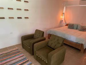 a bedroom with a bed and a couch and a chair at Playa Negra Art House in Hone Creek +21 photos