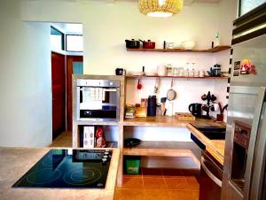 a kitchen with a counter with a stove top oven at Playa Negra Art House in Hone Creek
