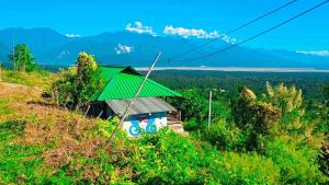 a small house with a green roof on a hill at Nature's Harmony Heaven Resort in Dāmbuk