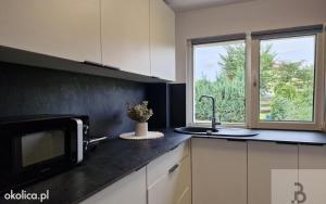 a kitchen with a microwave and a sink and a window at Atlantis villa in Ustka