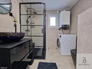 a bathroom with a sink and a washing machine at Atlantis villa in Ustka
