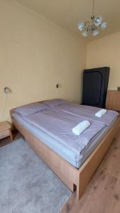 a bedroom with a large bed with two pillows on it at Piac Kuckó Apartman in Debrecen