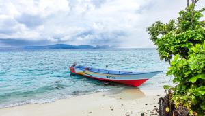 a boat sitting on the shore of a beach at Villa Homestay in Mesemta