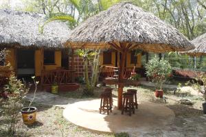 a house with chairs and a table and a thatch roof at Cabañas "El jardín del Edén" in Valladolid