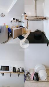 two pictures of a kitchen with a counter top at Urbania Haven Cebu2 in Cebu City