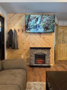 a living room with a fireplace and a flat screen tv at The Old Orchard Cottage in LaFayette +26 photos