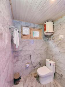 a small bathroom with a toilet and a shower at Lambri View Treehouse Jibhi in Jibhi