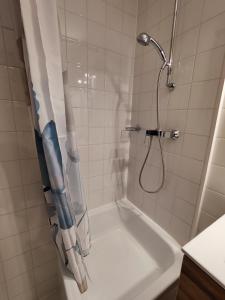 a bathroom with a shower with a white tub at Ferienwohnung Sonnenhang in Riedenburg +29 photos