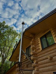 a ladder on the side of a wooden house at Stone & Forest Spa in Ternopil