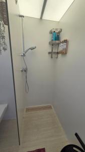 a shower stall in a bathroom with a shower at Tinyhouse op de Veluwe, het buitenleven in Oene