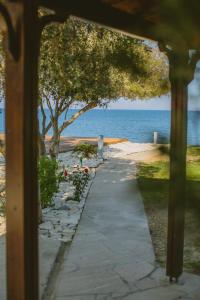 a pathway leading to the ocean with a tree at Elya Beach Luxury Suites in Ayios Theodhoros