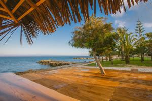 a view of the ocean from a straw umbrella at Elya Beach Luxury Suites in Ayios Theodhoros