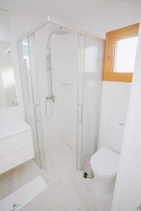 a white bathroom with a shower and a toilet at Elya Beach Luxury Suites in Ayios Theodhoros