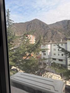 a view of a mountain from a window at The Green Loft in Fushë-Arrëz