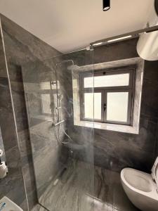 a bathroom with a shower and a toilet and a window at The Green Loft in Fushë-Arrëz