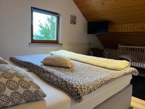 two beds in a room with a window at Gite Les Hirondelles in Langatte
