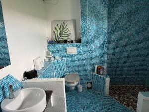 a blue tiled bathroom with a toilet and a sink at Gite Les Hirondelles in Langatte +7 photos