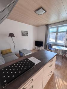 a living room with a bed and a couch at Haus Waterkant in Breege