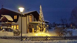 a christmas tree in front of a house in the snow at Fewo Bergruah in Bad Bayersoien +2 photos