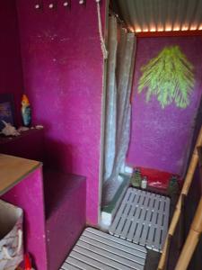 a room with a purple wall with a bench in it at Chalet en bois accés piscine in La Possession