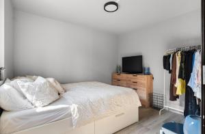 a bedroom with a bed and a tv and a dresser at Modern apartment with two bedrooms in Hektner +1 photo